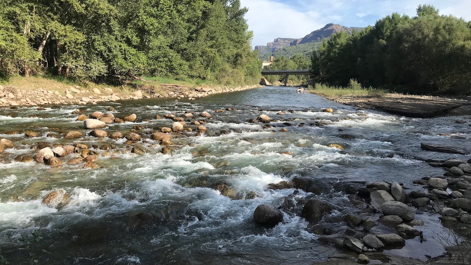 riu de muntanya amb pont al fons