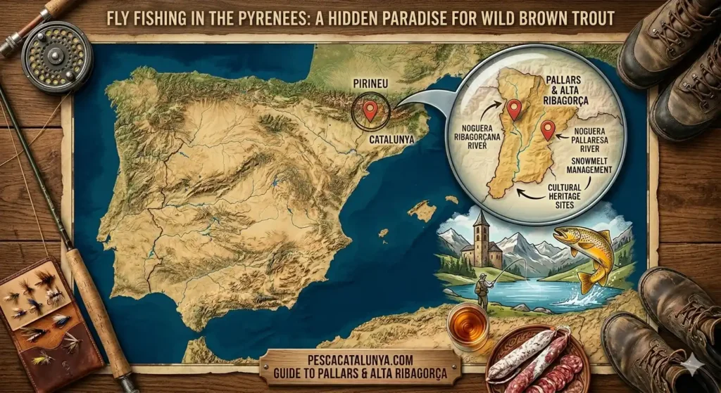 lMap, fishing gear, and annotated Pyrenees Fly Fishing regions.